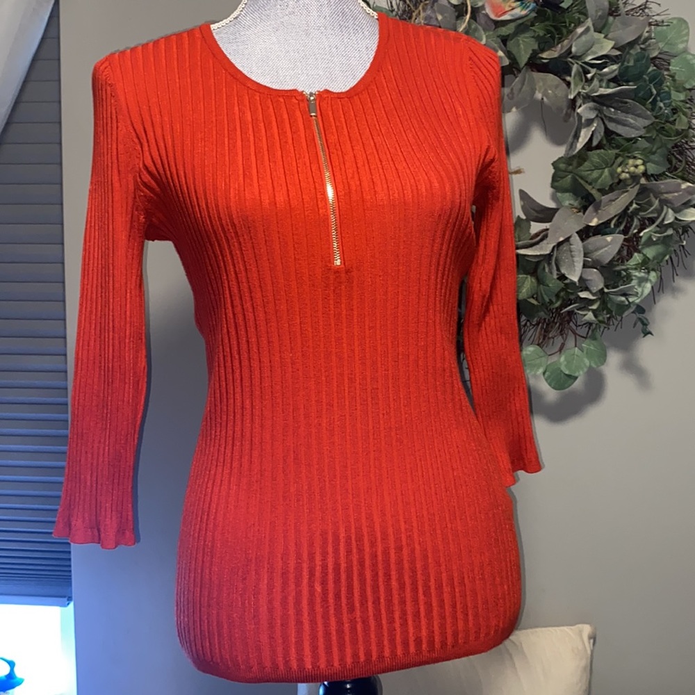 New York & Company ribbed fitted 3/4 sleeve fall orange women’s top Medium
